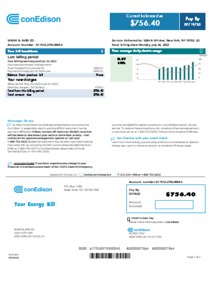 Con Edison utility business bill,  page 1, SCR PSD template